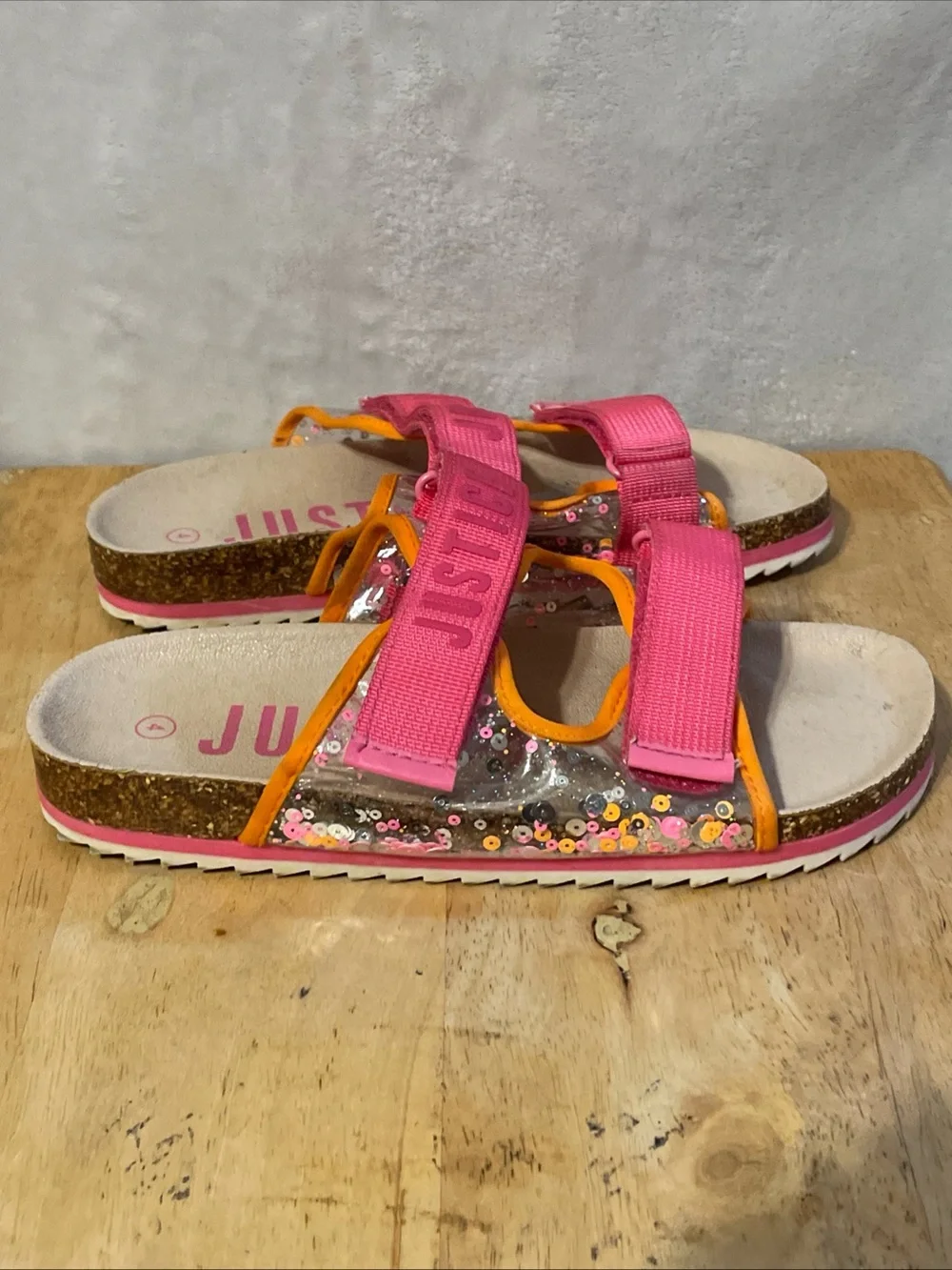 Justice Pink Sequin Strap Sandals with Orange Trim